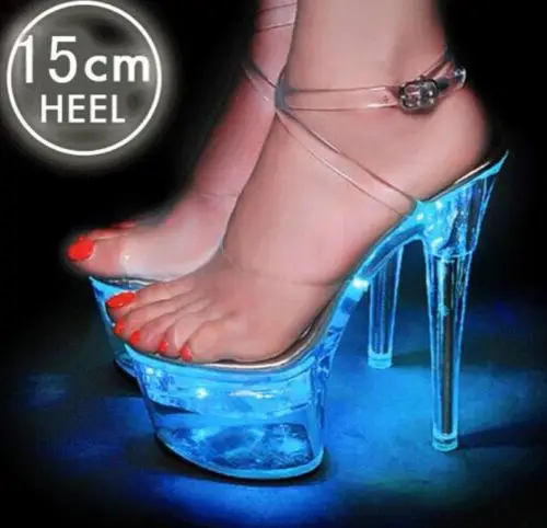 

US4-12 Womens Clear Transparent LED Lights Platform Open Toe Stilettos Super High Shoes 15CM Crystal Pumps Buckle Sandals
