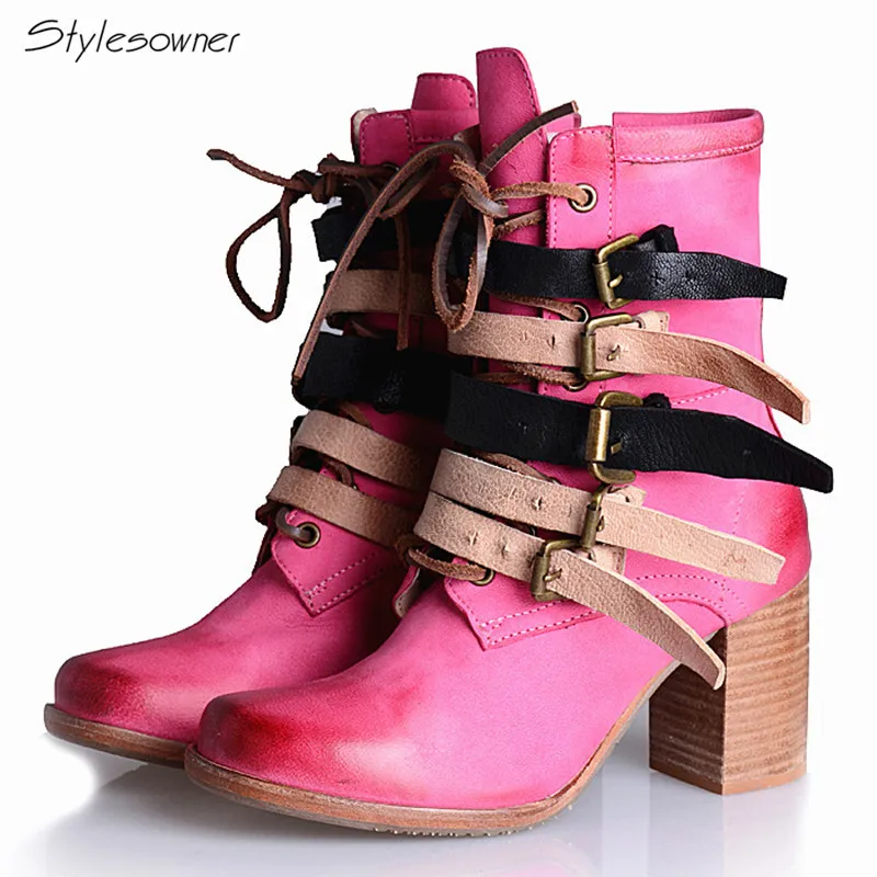 

Stylesowner Natural Genuine Leather Women Fashion Mid-Boots Winter British Styles Buckle Leather Boots High Thick Heels Boots