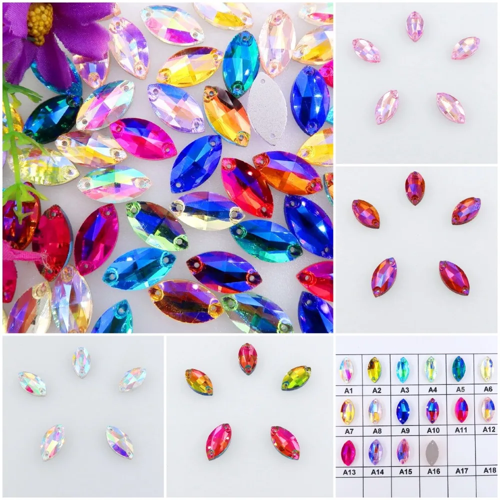 

AB colors glass Crystal flatback Navette horse eye shape with two holes Sewing Crystals beads for garments shoes bags diy trim