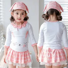 Купальник для девочек летние пляжные детские Двойка купальники весна мультфильм кролик Разделение юбка Стиль купальный костюм с Кепки