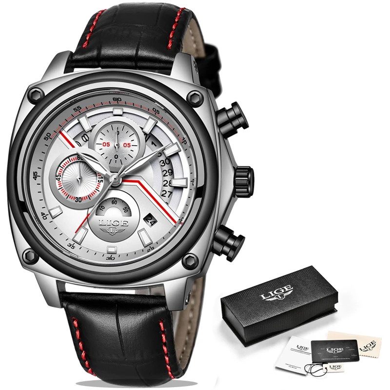

New Cool Mens Watches LIGE Top Brand Luxury Wristwatch Original Design Square Waterproof Quartz Watch For Men's Sports Watch+Box