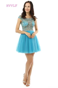 

HVVLF See Through Blue 2019 Homecoming Dresses A-line Cap Sleeves Short Mini Tulle Beaded Crystals Cocktail Dresses