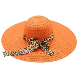 Летом соломенная шляпа от солнца волновой точки выдалбливают Экстра широкими полями Кепка с покрывалом Ретро леопардовая лента бантом