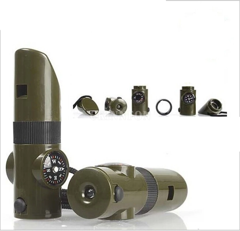 

DHL 500PCS HOT 7 in 1 Field Survival Whistle Compass Thermometer Flashlight Magnifier