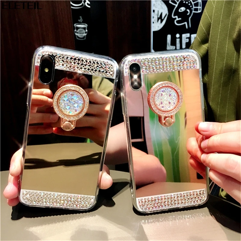 

Diamond Soft TPU Crystal Rhinestone Glitter Mirror Phone Case For iPhone x xs xr xs max 6 6s 7 8 plus with Ring Holder Stand A30