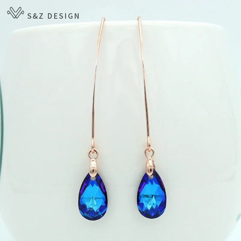 S&Z New 585 Rose Gold Imitation Crystal Water Drop Dangle Earrings Long Ear Hook Japanese/Korean For Women Party Jewelry Gift