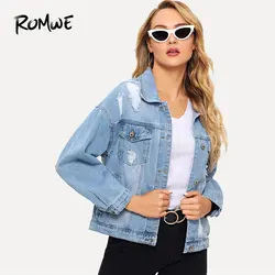 ROMWE Drop Shoulder рваные джинсовая куртка 2019 синий Swish одноцветное однобортный куртки для женщин демисезонный куртки с карманами