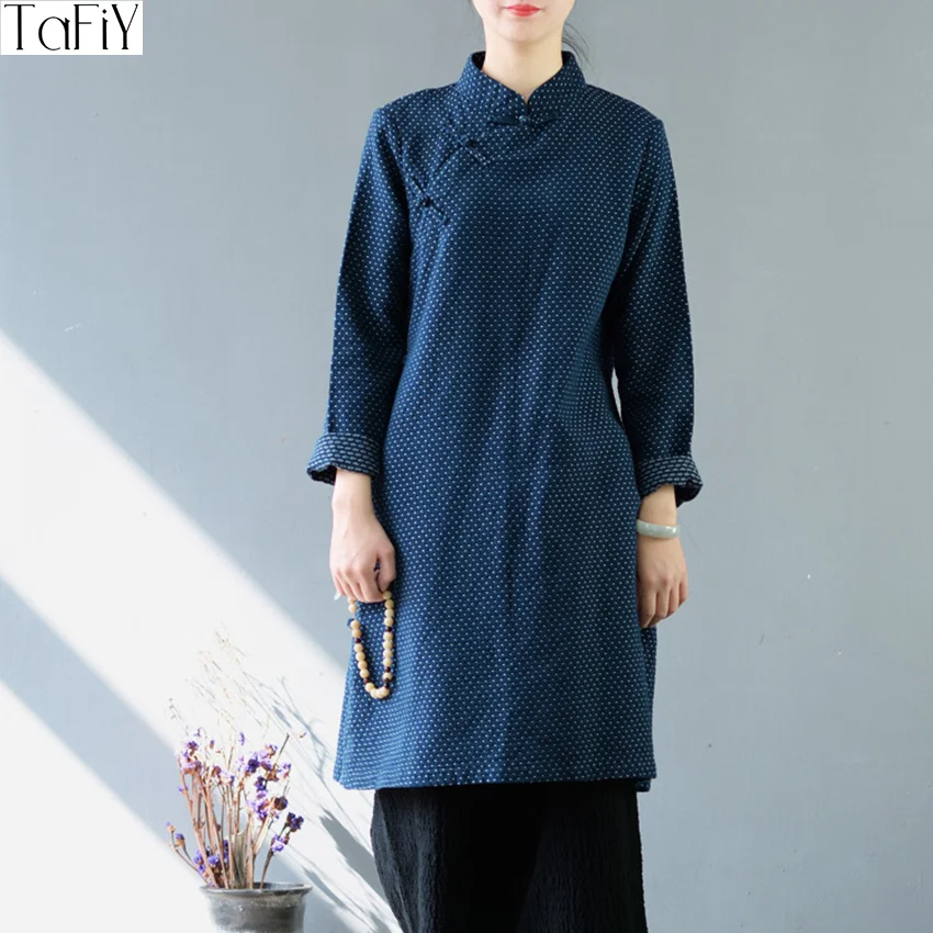 

TaFiY Vestidos 2017 Women Autumn Winter Dress Vintage Plate Buttons Print Jacquard Mandarin Collar Cheongsam Linen Cotton Robes