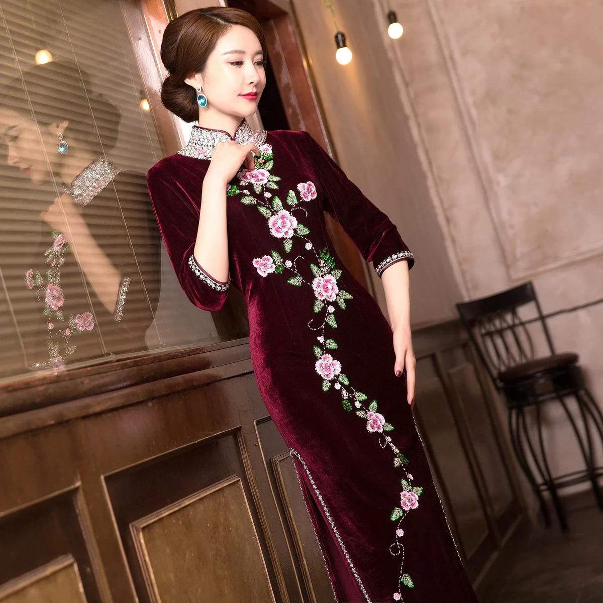 Длинное Зеленое традиционное Ципао женское китайское бархатное платье-Чонсам Vestido, восточное платье с вышивкой и блестками, Ципао чонсам - Цвет: red wine