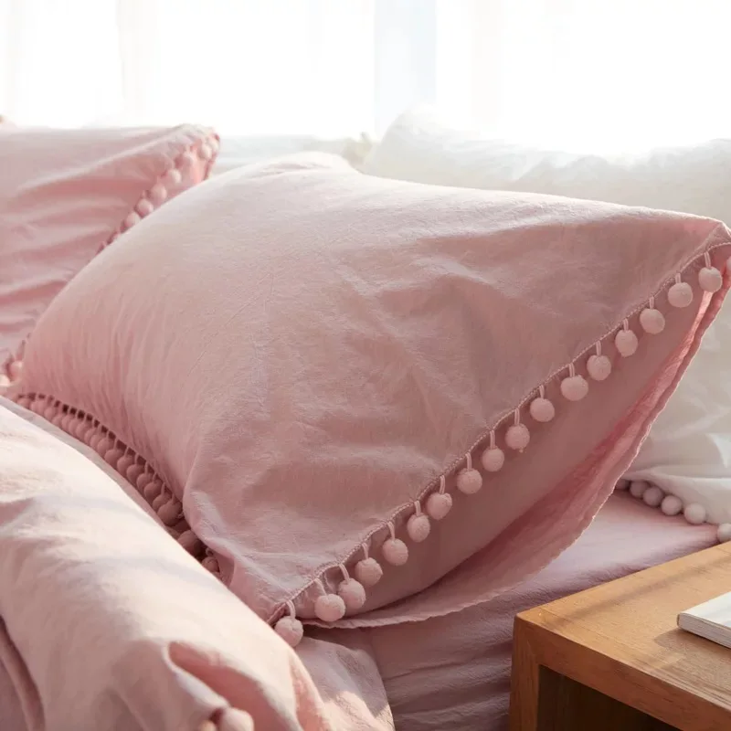 Однотонная хлопковая наволочка для дома отеля постельное белье супер мягкий помпон наволочка свадебный подарок дизайн Подушка Чехол для пары 1/2 шт - Цвет: pink