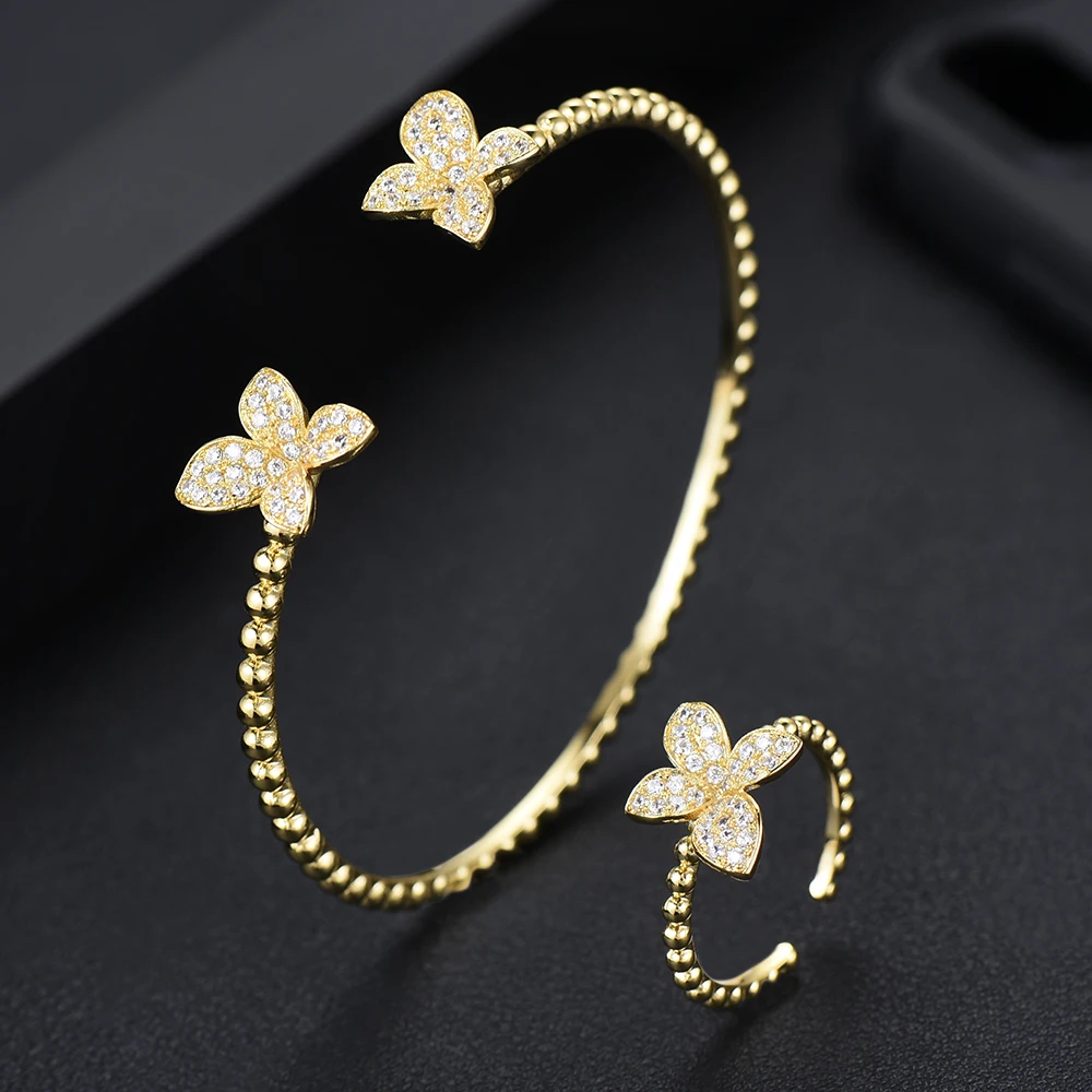 GODKI Luxury 3 Tone Flower Bangle Ring Sets Fashion Dubai Silver Bridal Jewelry Sets For Women Wedding brincos para as mulheres
