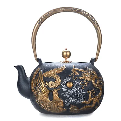 

High-end cast iron retro teapot Chinese decoration dragon and phoenix water teapot Japanese craft copper cover cast iron pot