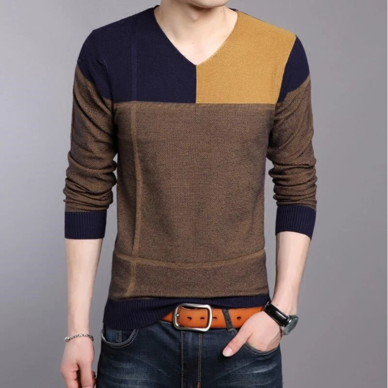 2018 Новое поступление Для мужчин модный бренд осень в Корейском стиле Slim Fit v-образным вырезом лоскутное свитер мужской Повседневное тонкий