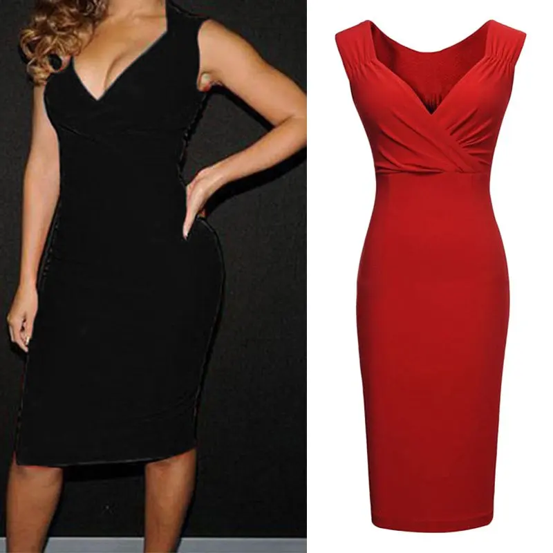 

Women Vestidos Party Dresses Solid Sundress Dresses V Neck Sleeveless Sexy Cocktail Party Slim Casual Pencil Large Size Beauty
