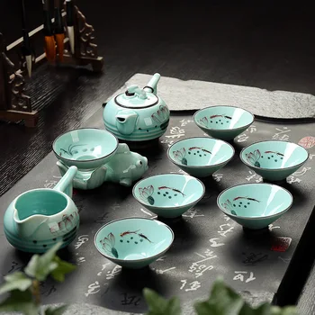 

9PC/Set Creative Handpainted Lotus Ceramic Longquan Celadon Kung Fu Tea Set Teapot Tea Cup Fair cup Tea Sea Filter Gift Box New