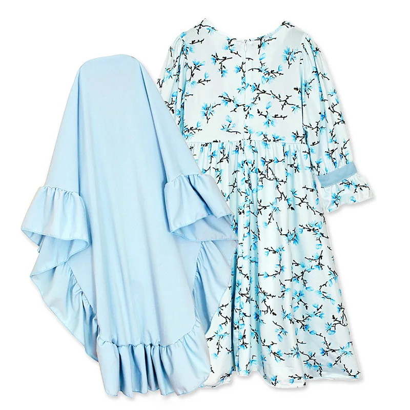 Весенне-осенняя мусульманская одежда для маленьких девочек длинное платье с принтом+ хиджаб с оборками, мусульманская одежда для детей 2, 3, 4, 5, 6 лет
