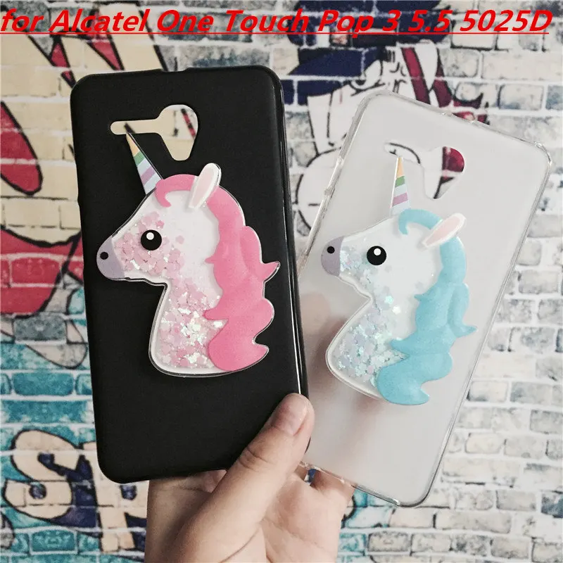 

3D Unicorn Quicksand Liquid Soft Silicone Case for Alcatel One Touch Pop 3 5.5 5025D 5025 Phone Cover Funda Para Cartoon