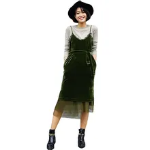 Vestidos De Playa 2016 Winter Men V-Neck Sleeveless Mesh Patchwork Velvet Slip Dress With Belt Ladies Mid Dresses