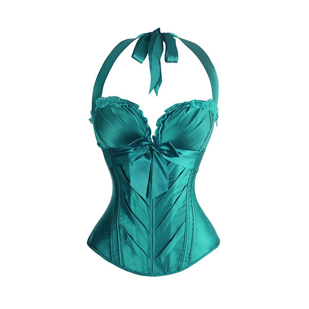 Women Halter Neck Bustier and Corset Sexy Satin Overbust Corpetes Bow
