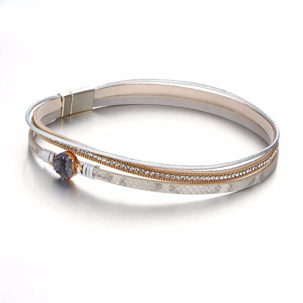 DIEZI винтажные мужские серебряные браслеты с драгоценным камнем для женщин, повседневные подарочные браслеты с магнитной пряжкой из искусственной кожи стразы, браслеты