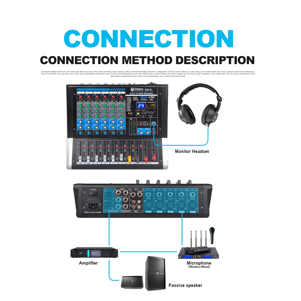 Debra Audio DX-6 6-Channel Audio Mixer dj controller Sound Board with 24 DSP Effect USB Bluetooth XLR Jack Aux Input