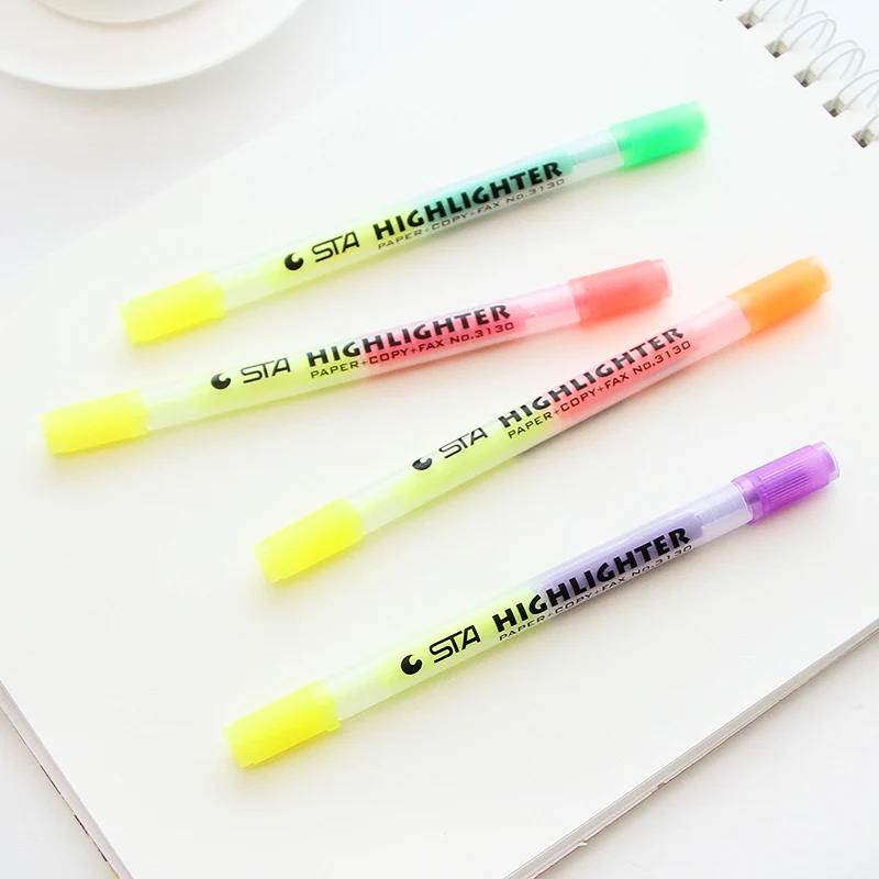 

6 pcs/Lot Dual-side highlighters 1-4mm marker for reading Twin tips Fluorescent color pens Stationery School supplies FB183