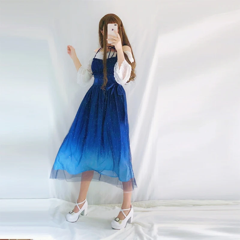JSK/блестящие звезды; платье в стиле Лолиты; градиентное голубое нарядное платье для девочек; кружевное плиссированное платье с рюшами; комплект с рубашкой