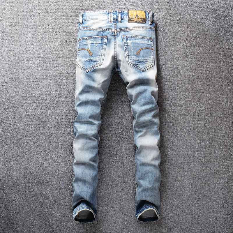 Italian Vintage Designer Men Jeans Light Blue White Wash Slim Fit Ripped Jeans Men Embroidery Patchwork 2