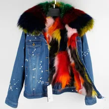 Джинсовая куртка для женщин, модные джинсовые куртки, короткая парка с подкладкой из натурального меха енота и воротником, зимнее пальто, плотное теплое Женское пальто