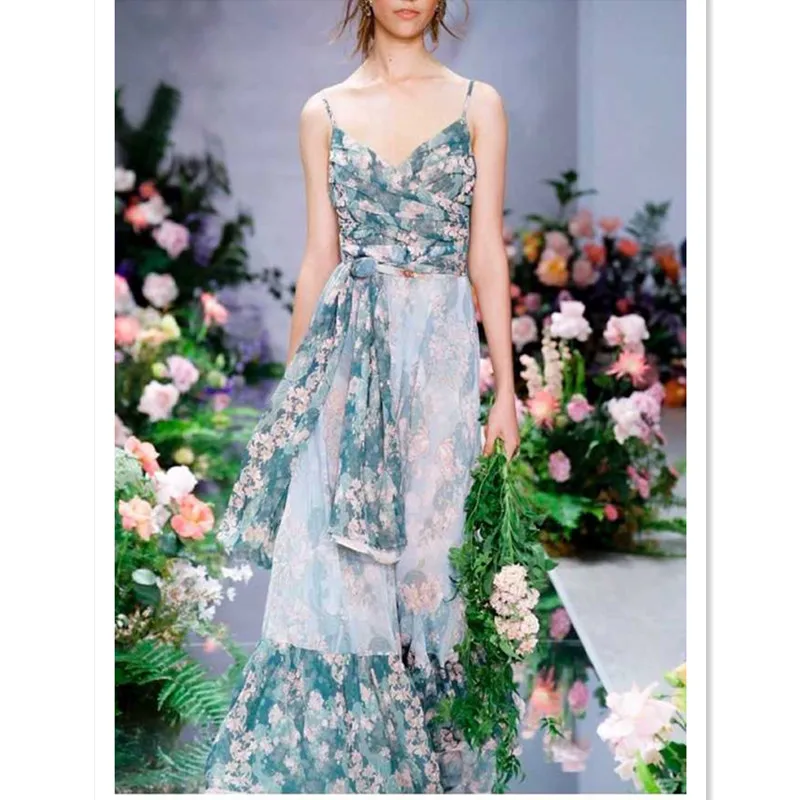 

Luxury Designer Brand Dress for Women Runway Sexy V Neck Spaghetti Strap Floral Printed Beach Long Dress