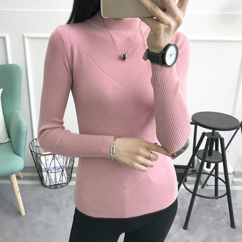

autumn and winter knitted sweater wholesale new half-high collar long-sleeved solid thin women pullovers 9988