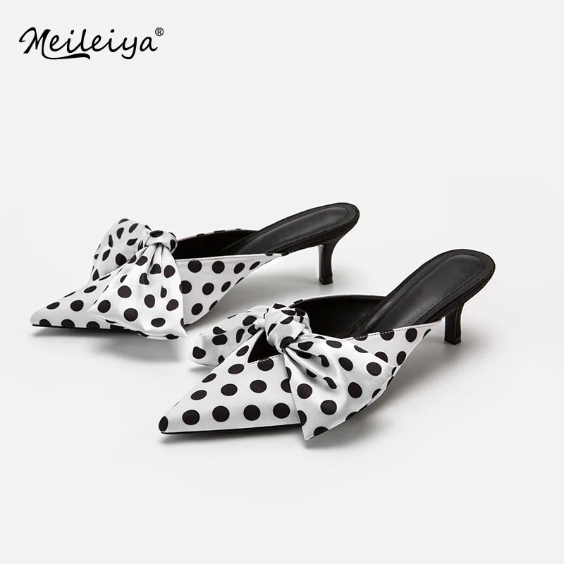 

2019 Summer Silk Polka Dot Women Mules Bowtie High Heels Women Sandals Point Toe Kitten Heel Comfort Slippers Shoes Woman Pumps