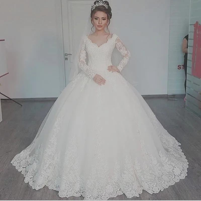 Vestido De Noiva Лидер продаж 2018 года с длинным рукавом кружево Аппликация бальное платье принцессы Свадебное индивидуальный заказ в Китае