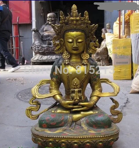 

bi0011621 Tibet Buddhism Bronze gild Cloisonne Amitayus Kwan-yin Bodhisattva Buddha statue