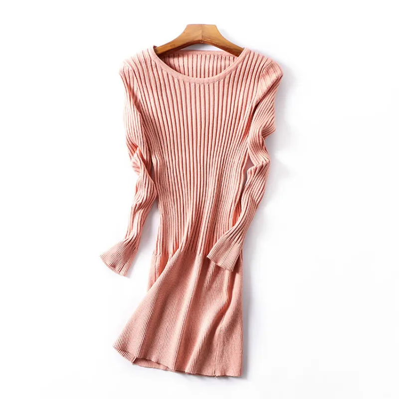 

Spring Korean round collar plain long-sleeved knit dress dress casual simple ladies