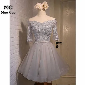 

2018 Grey A-line Strapless Homecoming Dresses with Half Sleeves Knee length Appliques Lace Homecoming Cocktail Party Dresses