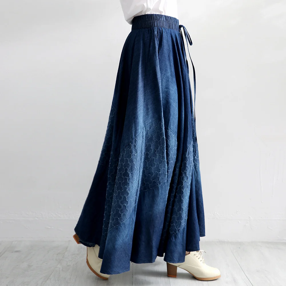 

Makuluya Women Denim Vintage Spring Autumn Female Pleated Skirts Long Full-skirted Girl All-match Summer Hollow Out Hole QW