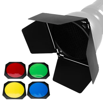 

BD-04 Barn Door Standard Reflector + Honeycomb Grid + 4 Color Filter for Flash DE300 DE400 SK300 SK400 QT600 DP600