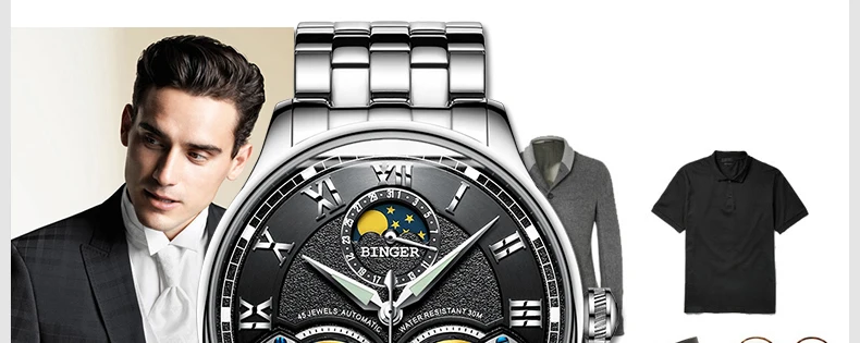 Часы с двойным турбийоном, швейцарские, Бингер, оригинальные мужские автоматические часы, модные мужские механические наручные часы с кожаным ремешком