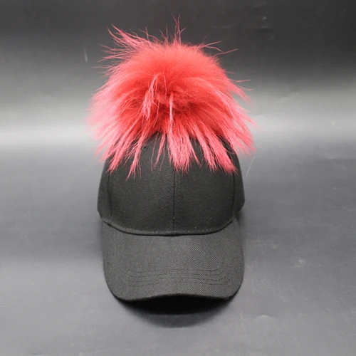 Натуральный мех помпон бейсбольная Кепка Gorras хип хоп кепка для женщин и мужчин Snapback шапки уличная кость - Цвет: Красный