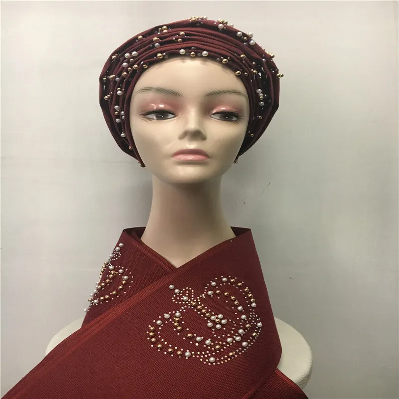 Nigerian ashion new design ASO OKE headtie gele niegrian asooke gele 2pieces in a bag wine color aso oke with stones