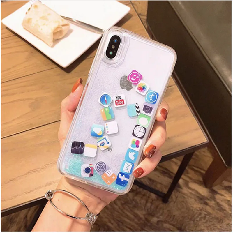 Liquid Glitter Quicksand Case For iPhone X XR XS Max Fundas Apps Icon Emoji Hard Cover Case For iPhone 6 6S 7 8 Plus X XR XS Max (5)