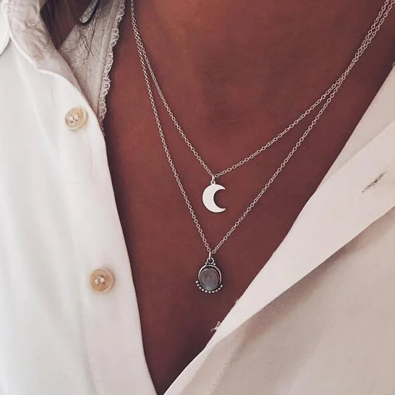 

Double Layered Silver Moon Waterdrop Crystal Pendant Choker Chain Layering Necklace for Women Gifts for Mom Girlfriend