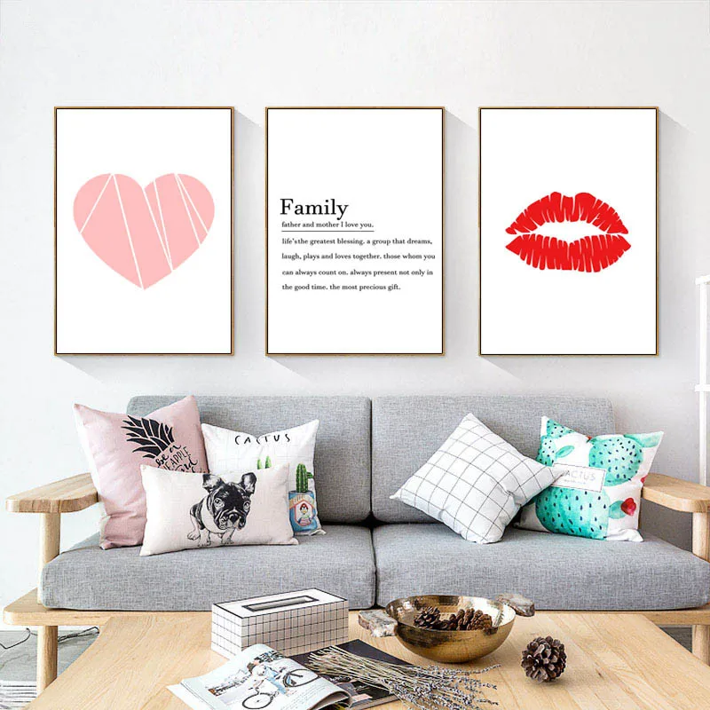

Scandinavian Posters And Prints Pink Heart Canvas Paintings Red Lips Wall Art Family Pictures For Living Room Home Decoration