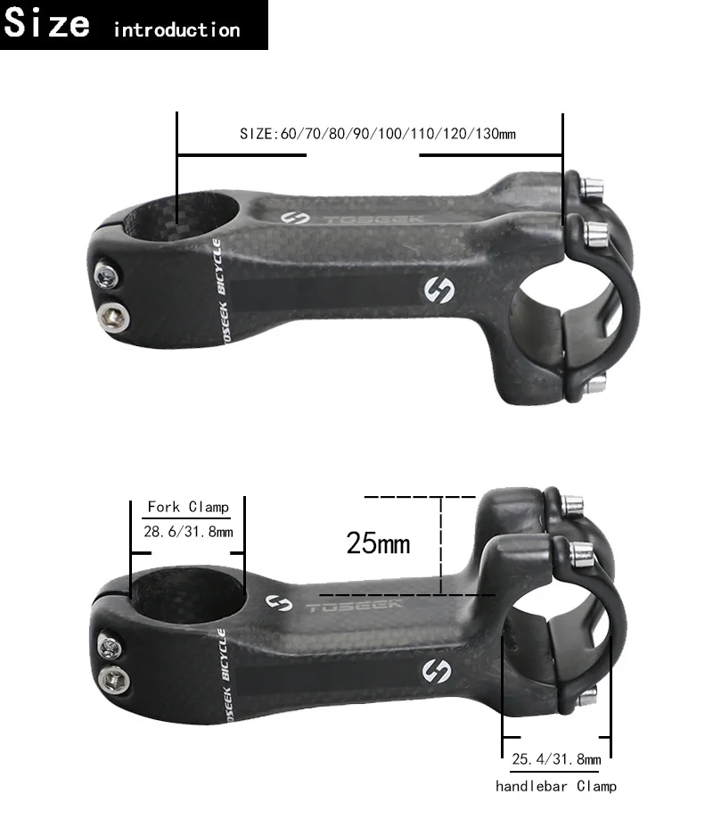 TOSEEK матовый 3K углеродный стержень для шоссейного велосипеда, детали для горного велосипеда, вилка 28,6 или 31,8 мм, Руль 25,4 или 31,8 мм, длина 60-130 мм
