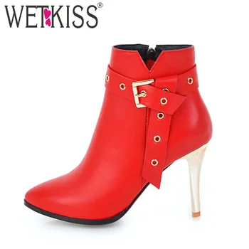 

WETKISS Winter Thin High Heels Women Ankle Boots Pu Pointed Toe Footwear 2018 Metal Decoration Boots Fashion Party Female Shoes