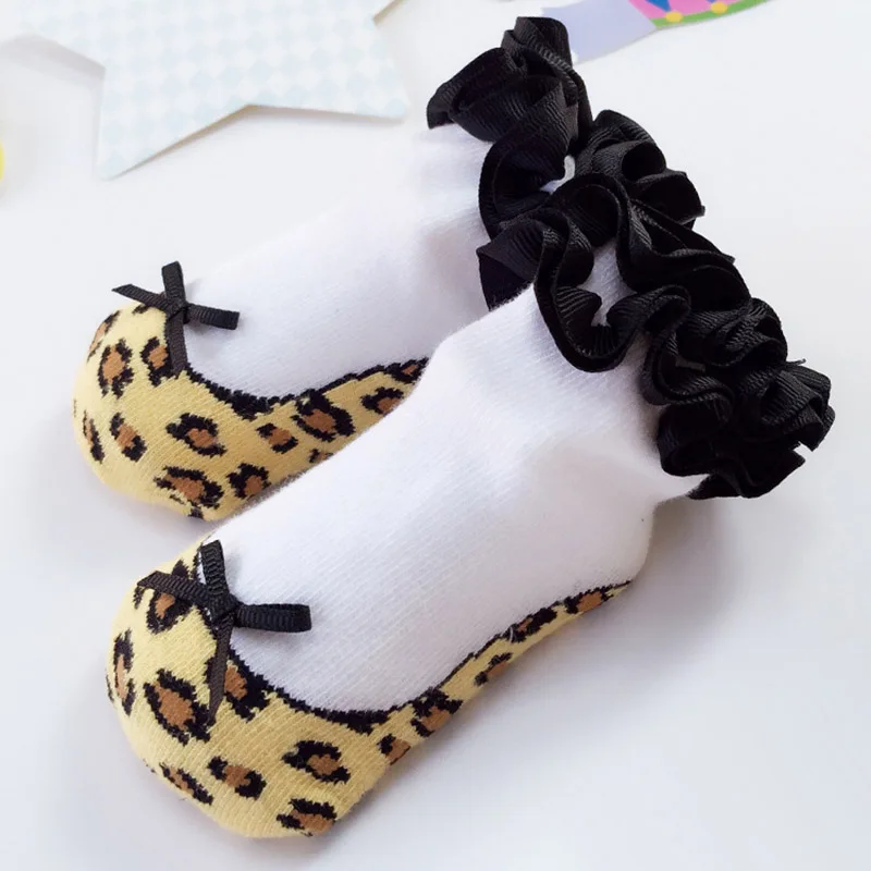 

Soboba Leopard Infant Socks for Children Cotton Breathable Bowknot Lace Socks for Girls Princess Style Kids Floor Socks