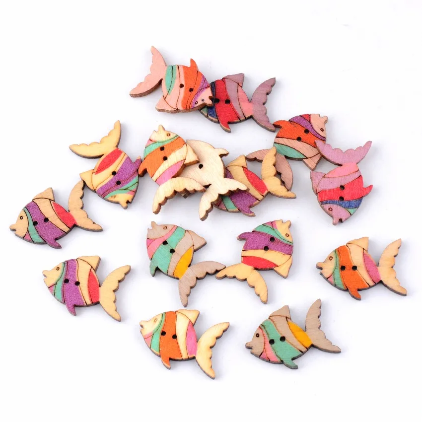 

Free Shipping Retail 10Pcs Random Mixed Lovely Tropical Fish Animal 2 Holes Wood Painting Sewing Buttons Scrapbooking 27x20mm