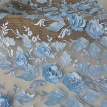 Один ярд нежный светильник синий жемчуг бисером Тюлевая сетчатая кружевная ткань вышитые 3D цветок свадебное платье Французский кружевной ткани