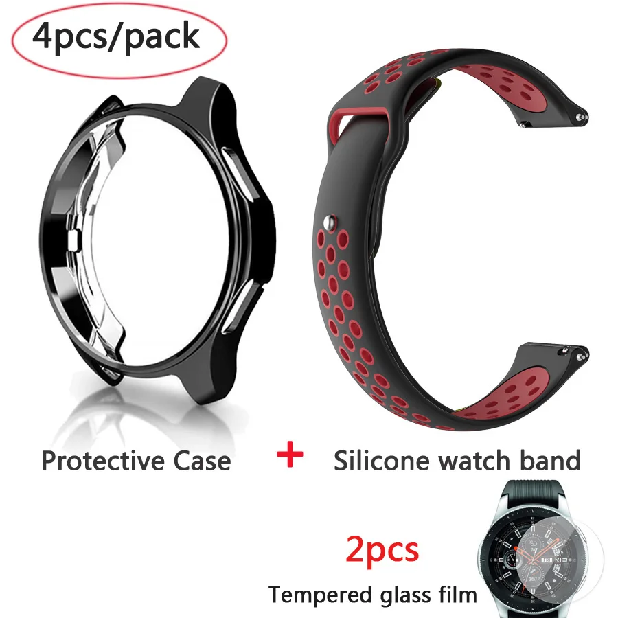 4в1 силиконовый ремешок для часов+ защитный чехол+ Закаленное стекло пленка для samsung galaxy Watch 42 46 мм ремешок для часов защитный чехол стеклянная пленка - Цвет: black red-blackcase